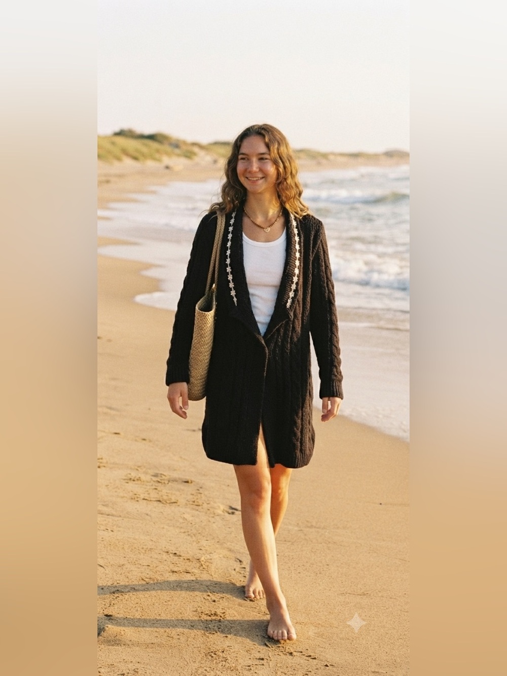 POL Washed Navy Blue Cable Knit Cardigan
